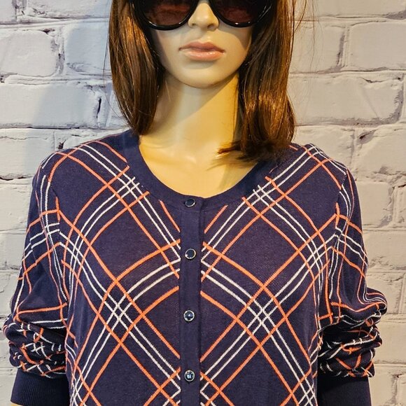 CHARTER CLUB, Navy blue/white/pink plaid cotton cardigan - Picture 8 of 13